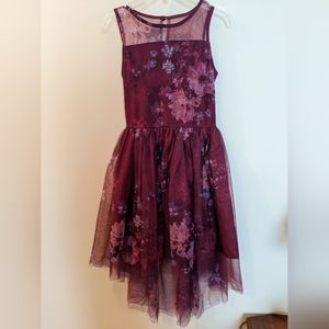 Big Girls Fancy Dress, Floral Burgundy, Lined, Asymmetrical hemline,Sz L (14-16)
